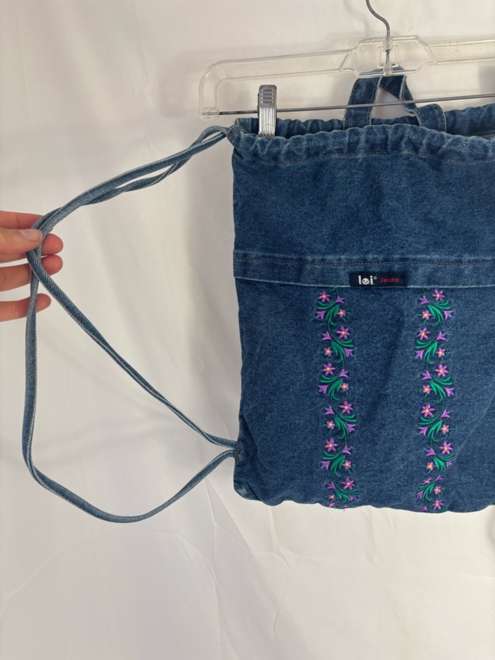 Y2K Embroidered Denim Drawstring Backpack LEI - Picture 4 of 7